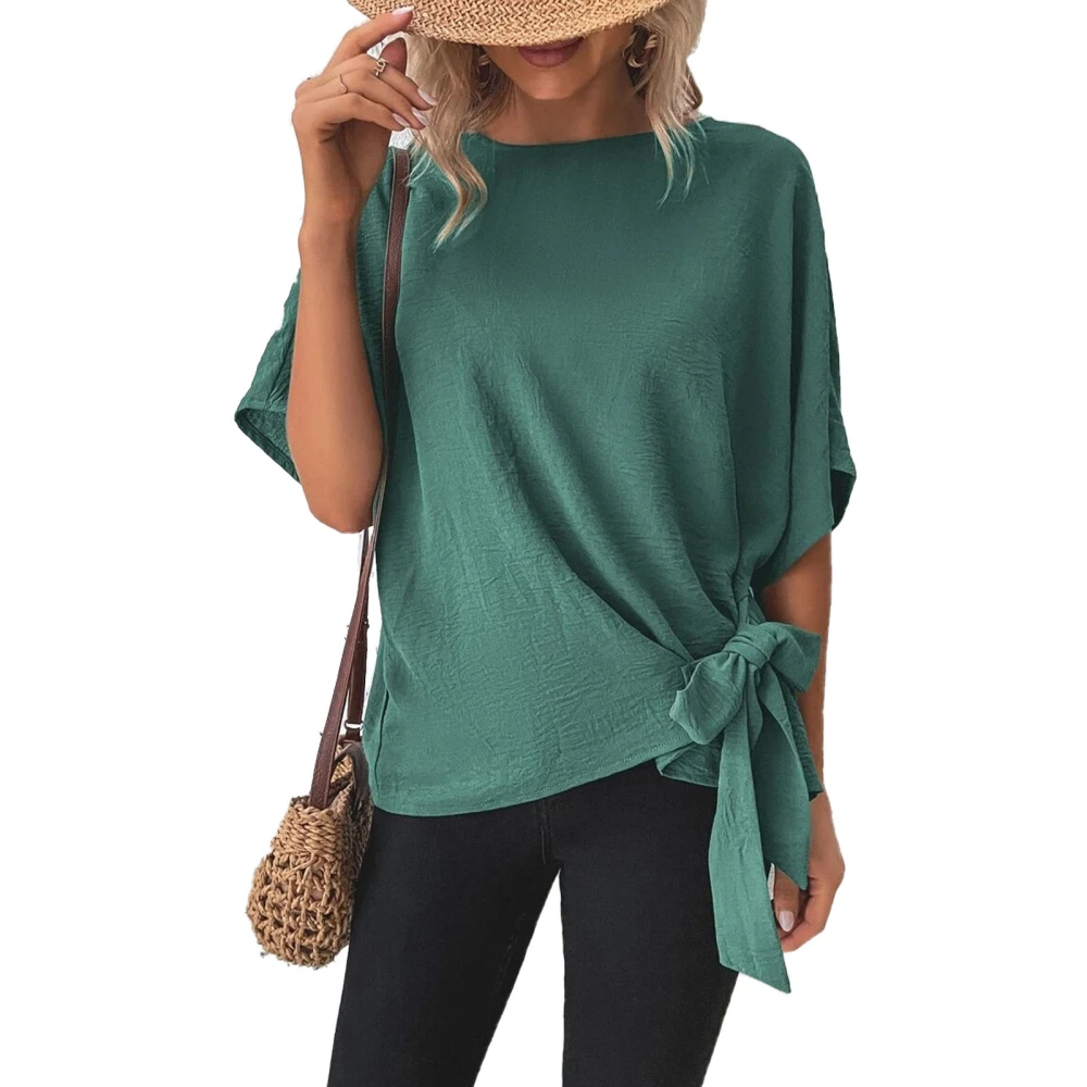 Women Short Sleeve Shirt Round Neck Tie Knot Hem Pure Color Loose Fit Casual Lady Top for Dating Shopping Daily Pea Green M