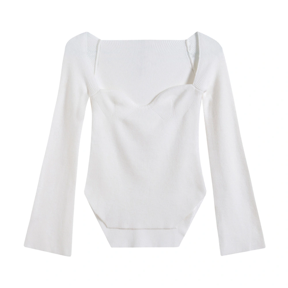 Women Top Strapless Long Sleeve Knit Plain Irregular Hem Stylish Blouse for Party Shopping White L