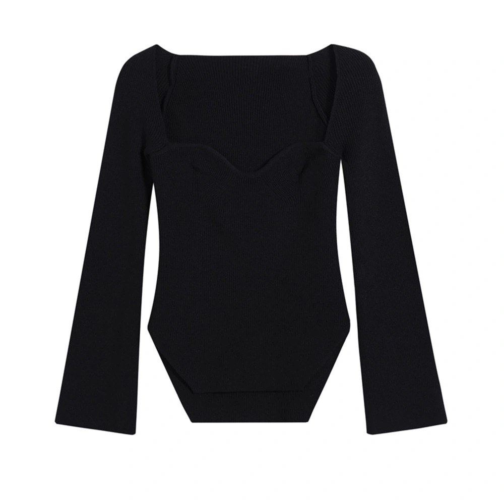 Women Top Strapless Long Sleeve Knit Plain Irregular Hem Stylish Blouse for Party Shopping Black XL