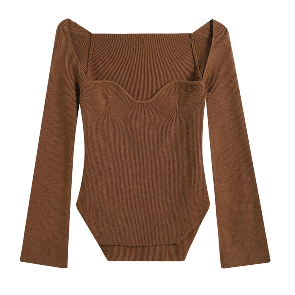 Women Top Strapless Long Sleeve Knit Plain Irregular Hem Stylish Blouse for Party Shopping Brown L