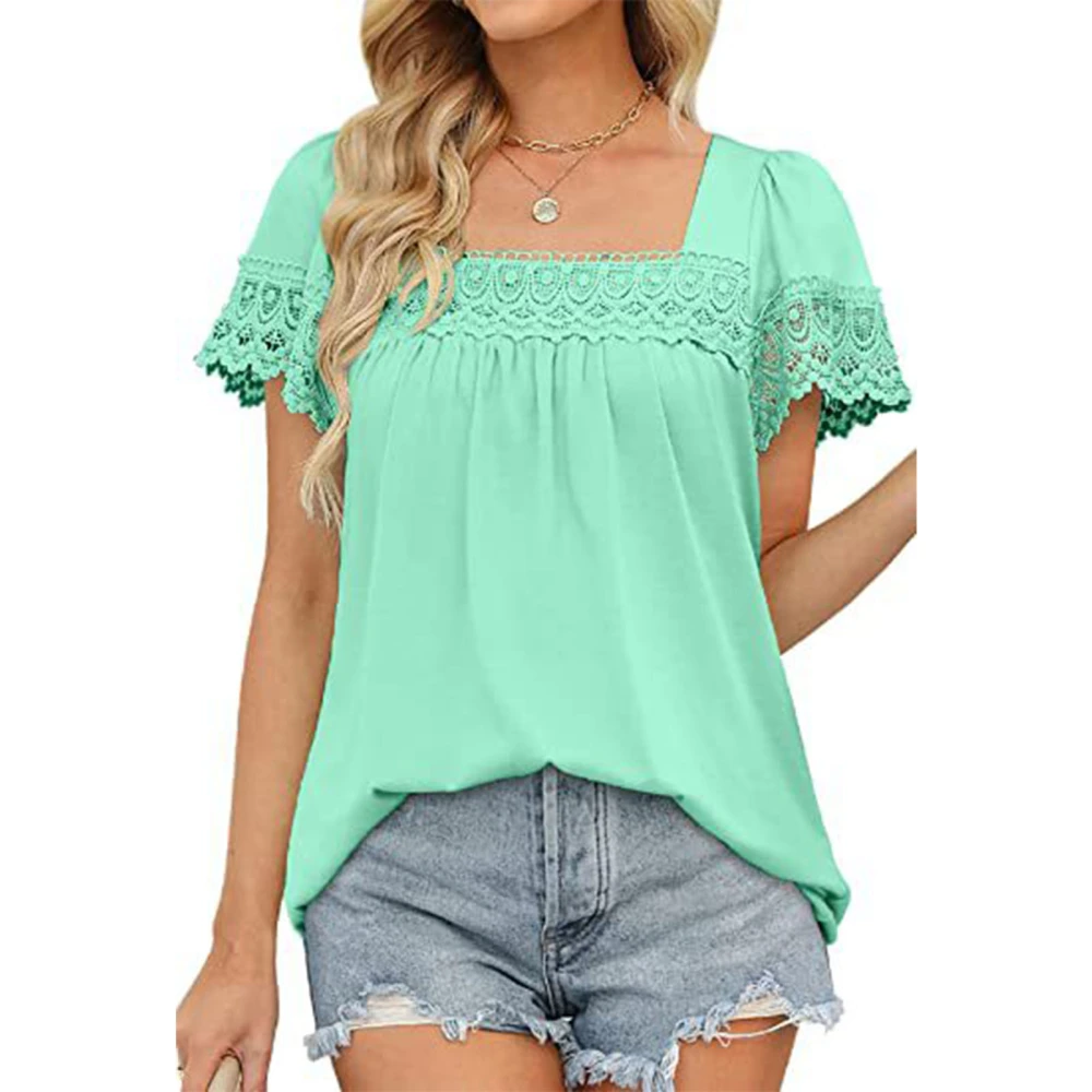 Women Short Sleeve Shirt Lace Patchwork Pure Color Comfortable Stretch Fashionable Short Lace Sleeve Shirt Top Light Green S