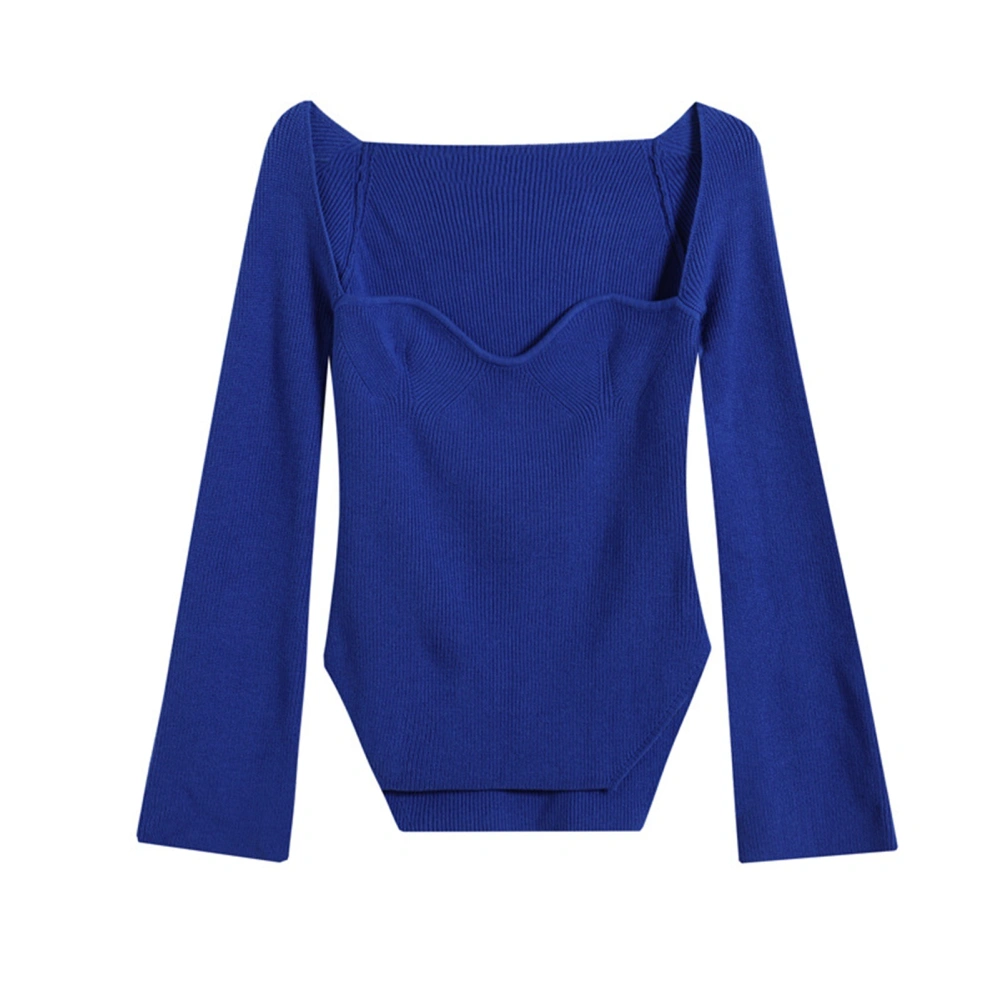 Women Top Strapless Long Sleeve Knit Plain Irregular Hem Stylish Blouse for Party Shopping Royalblue XL