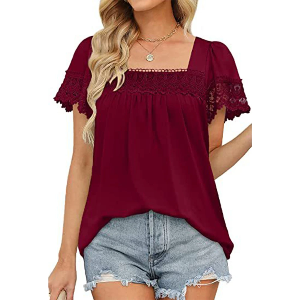 Women Short Sleeve Shirt Lace Patchwork Pure Color Comfortable Stretch Fashionable Short Lace Sleeve Shirt Top Wine Red XL