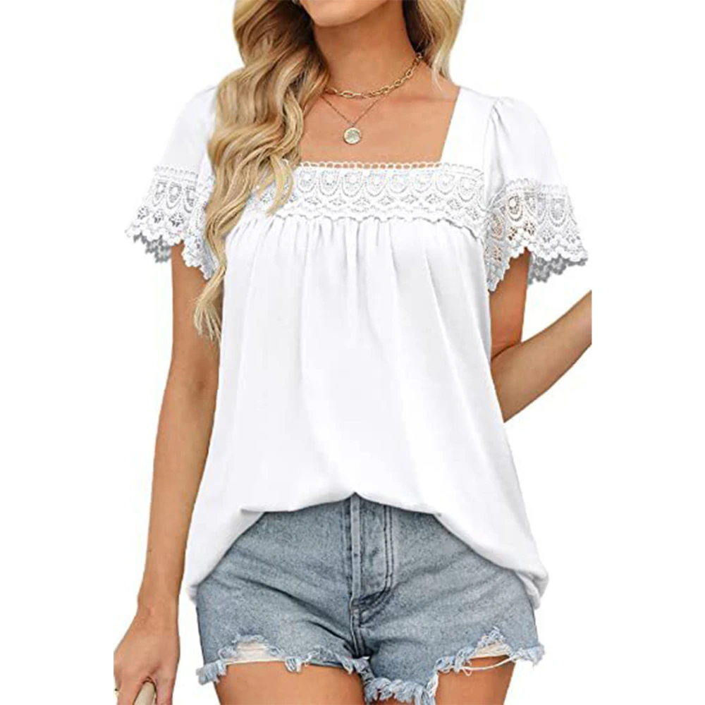 Women Short Sleeve Shirt Lace Patchwork Pure Color Comfortable Stretch Fashionable Short Lace Sleeve Shirt Top White XXL