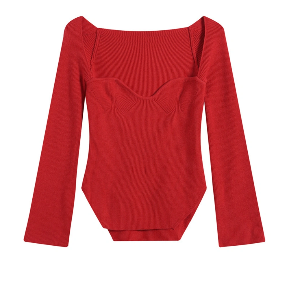 Women Top Strapless Long Sleeve Knit Plain Irregular Hem Stylish Blouse for Party Shopping Red L