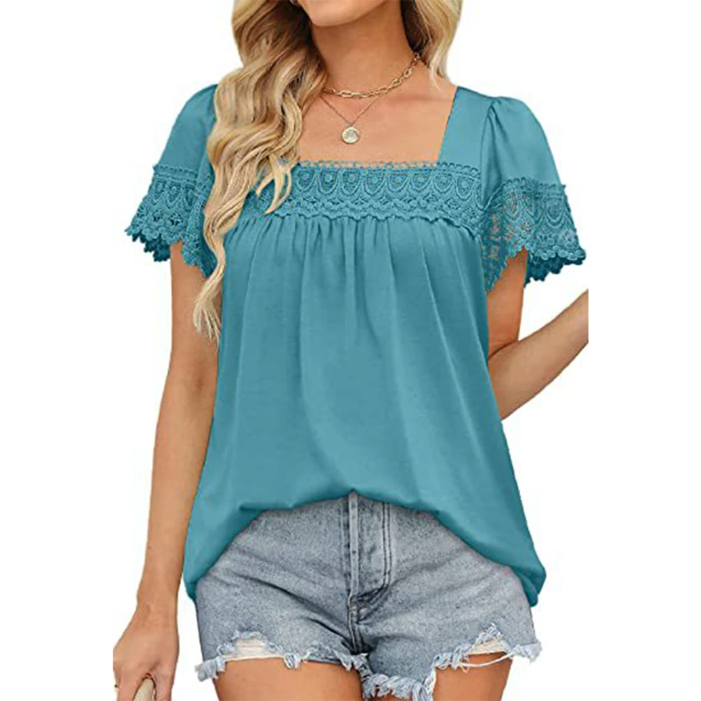 Women Short Sleeve Shirt Lace Patchwork Pure Color Comfortable Stretch Fashionable Short Lace Sleeve Shirt Top Green L