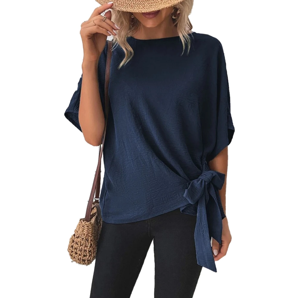 Women Short Sleeve Shirt Round Neck Tie Knot Hem Pure Color Loose Fit Casual Lady Top for Dating Shopping Daily Navy Blue L