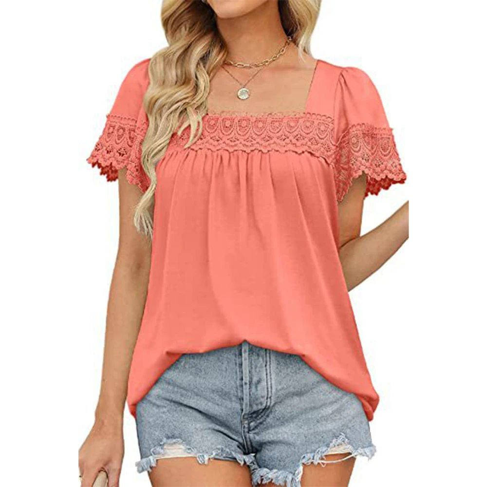 Women Short Sleeve Shirt Lace Patchwork Pure Color Comfortable Stretch Fashionable Short Lace Sleeve Shirt Top Pink XL