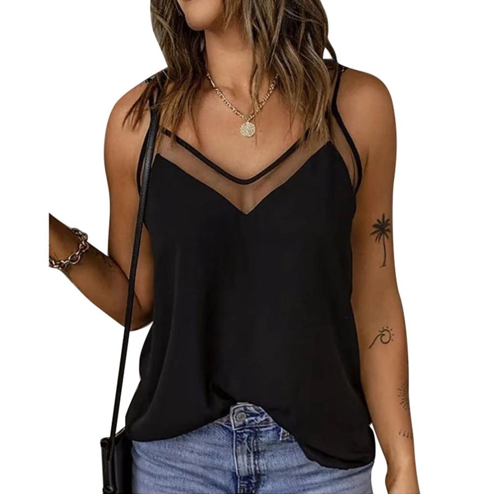 Women Summer Top Casual Spaghetti Strap Sleeveless V Neck Sheer Mesh Pure Color Shirt Top Black XL