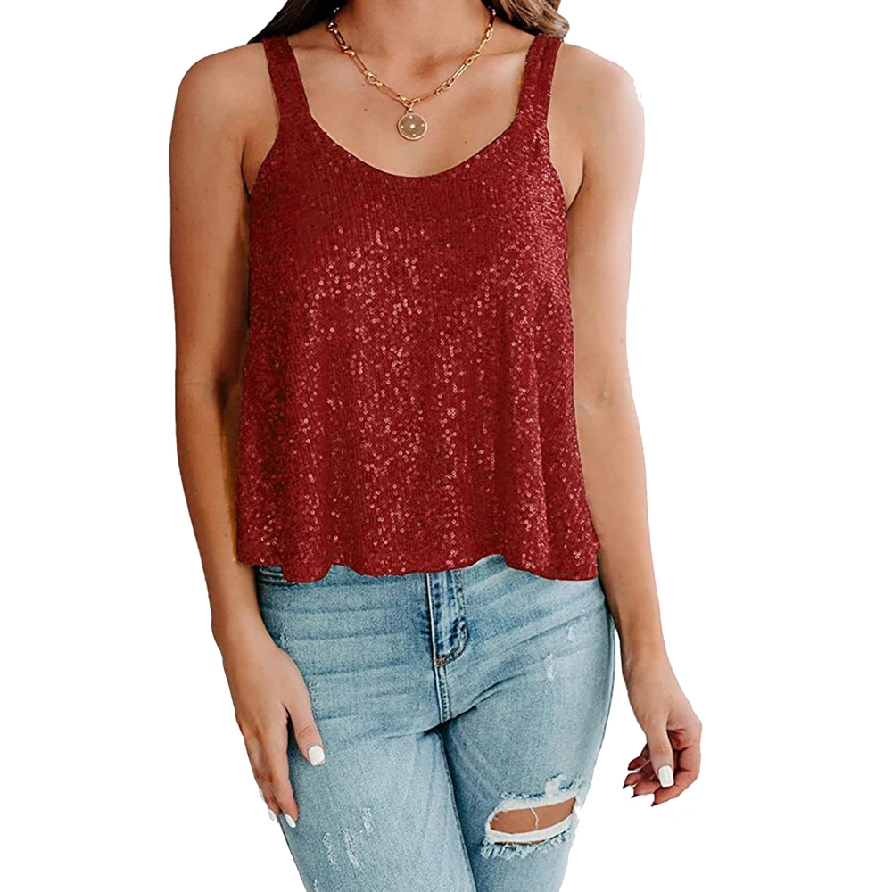 Women Sparkly Sequins Tank Top Sleeveless Dressy Pure Color Glitter Camisole for Party Club Wine Red XL