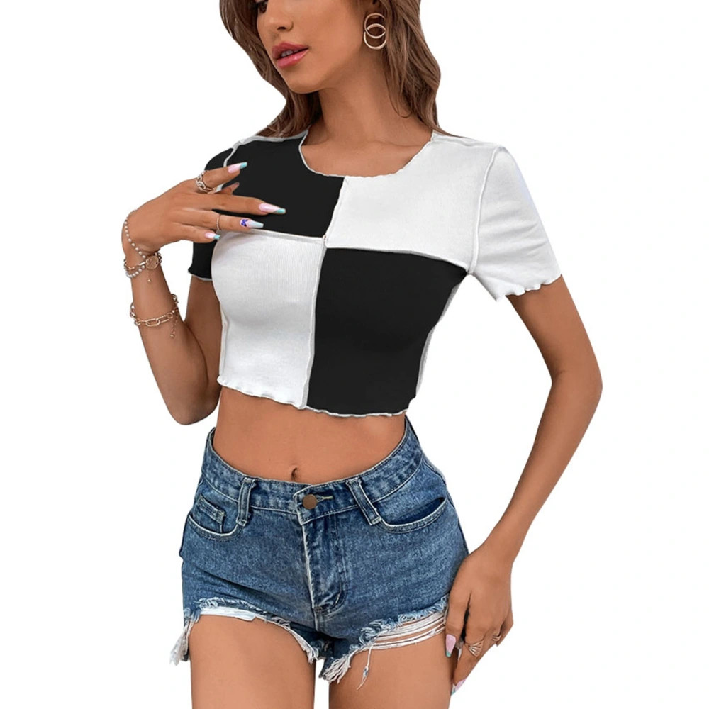 Women Summer Top Short Sleeve Round Neck Rib Knit Color Block Tank Top for Women Ladies Black M