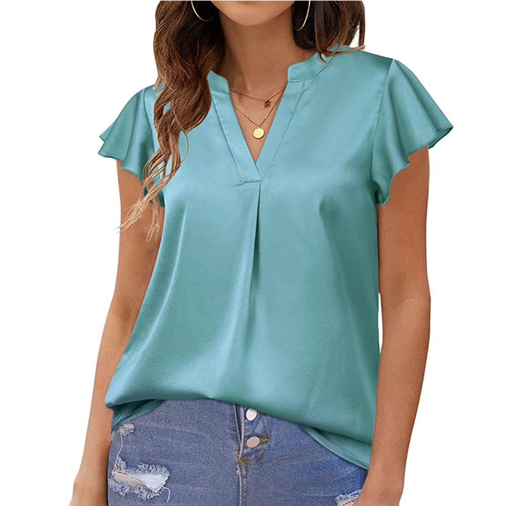 Women V Neck Short Sleeve Satin Shirts Summer Fashion Casual Pure Color Loose Womens Ruffle Short Sleeve Blouse Lake Green XL