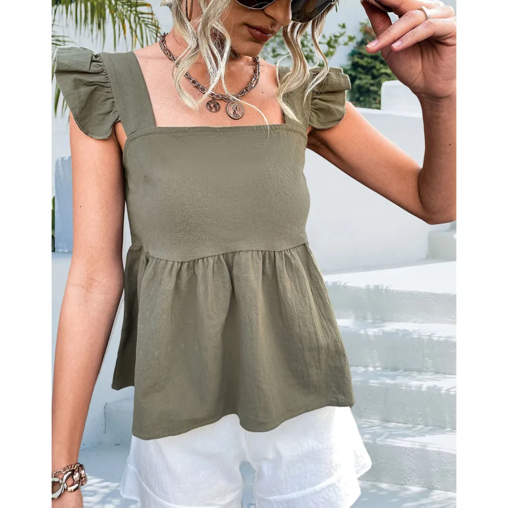 Women Sleeveless Top Ruffle Trim Shoulder Straps Loose Spliced Hem Summer Casual Backless Blouse OD Green S