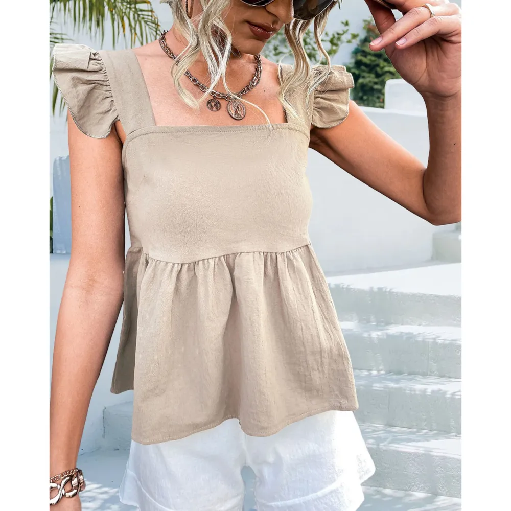 Women Sleeveless Top Ruffle Trim Shoulder Straps Loose Spliced Hem Summer Casual Backless Blouse Apricot L