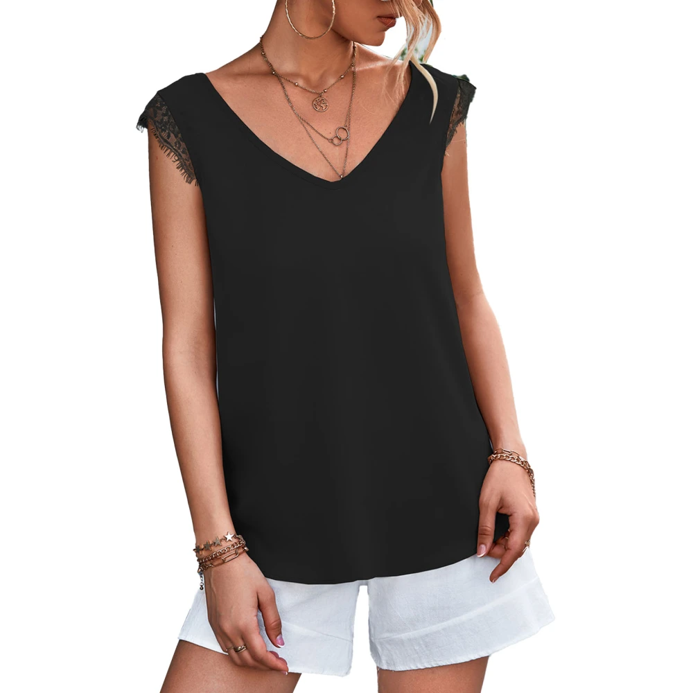 Women Pullover Double V Neck Sleeveless Top Lace Splicing Pure Color Blouse Summer Loose Top Black M