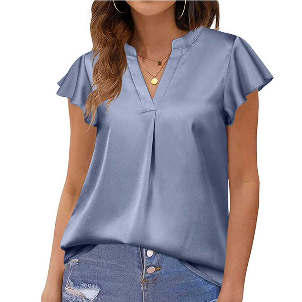 Women V Neck Short Sleeve Satin Shirts Summer Fashion Casual Pure Color Loose Womens Ruffle Short Sleeve Blouse Dusty Blue L