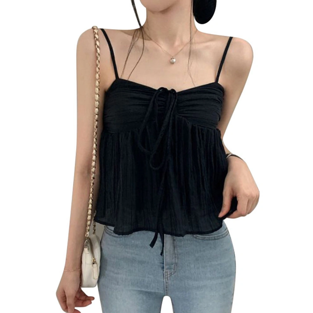 Women Summer Top Loose Pure Color Sleeveless Spaghetti Strap Ruffle Hem Ruched Top for Girls Black S