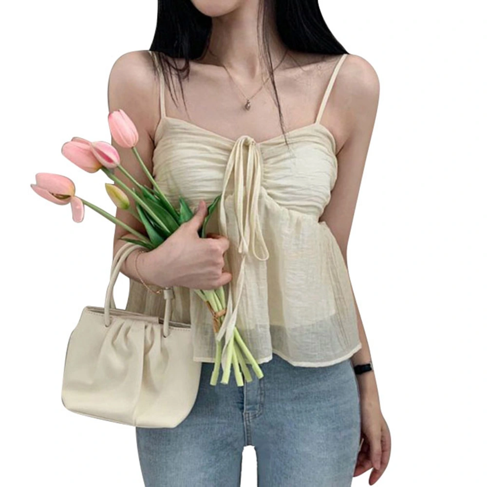 Women Summer Top Loose Pure Color Sleeveless Spaghetti Strap Ruffle Hem Ruched Top for Girls Skin Color M