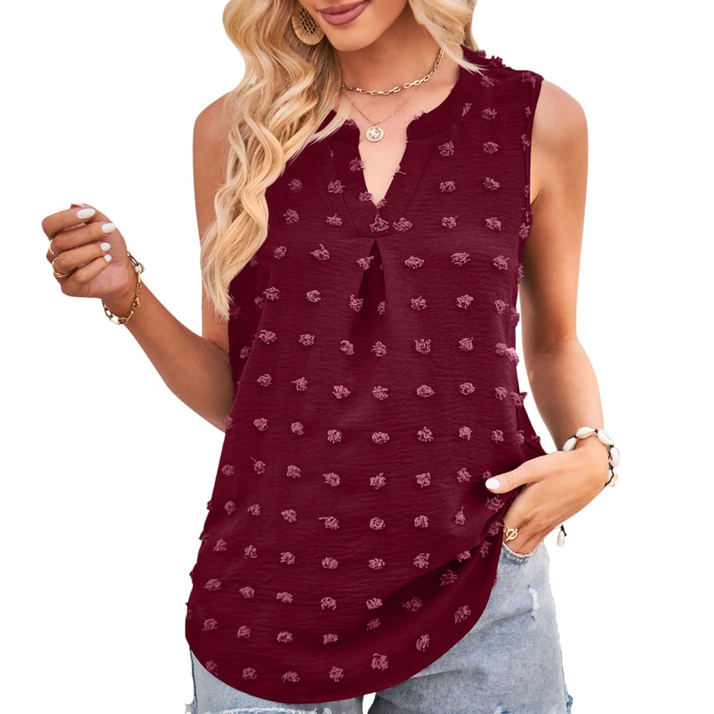 Women V Neck Tank Top Jacquard Dots Loose Fitting Summer Sleeveless Vest for Daily Wear Wine Red XXL