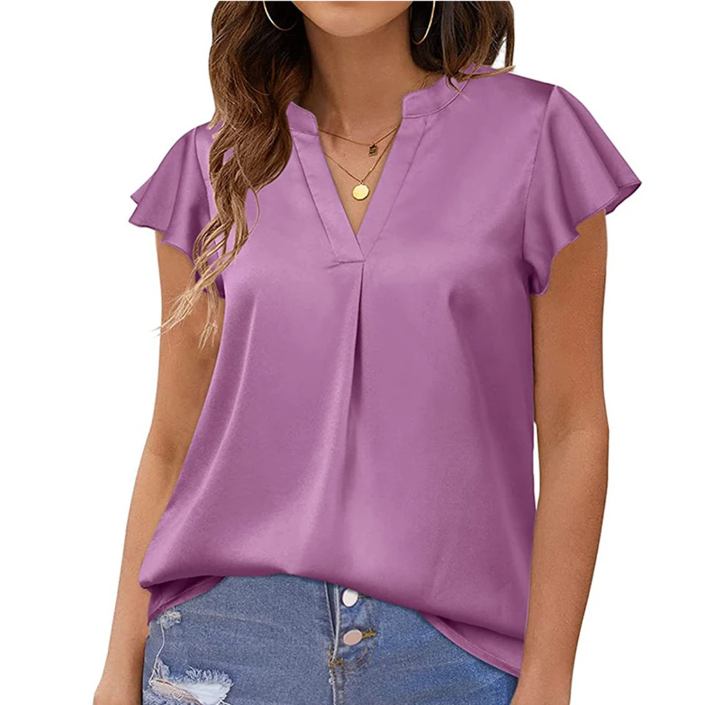 Women V Neck Short Sleeve Satin Shirts Summer Fashion Casual Pure Color Loose Womens Ruffle Short Sleeve Blouse Purple S