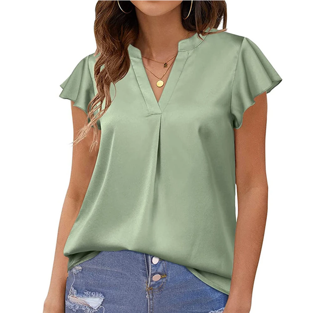 Women V Neck Short Sleeve Satin Shirts Summer Fashion Casual Pure Color Loose Womens Ruffle Short Sleeve Blouse Pea Green S