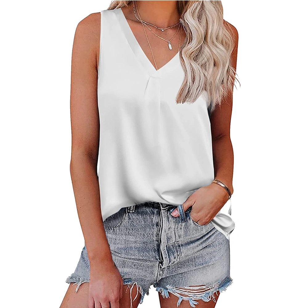 Women Satin Tank Top V Neck Loose Fitting Pure Color Summer Sleeveless Vest for Daily Wear White L