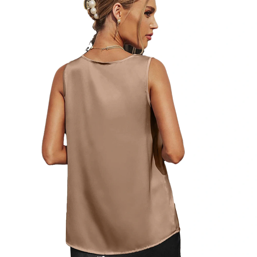 Women Satin Tank Top V Neck Loose Fitting Pure Color Summer Sleeveless Vest for Daily Wear Khaki S