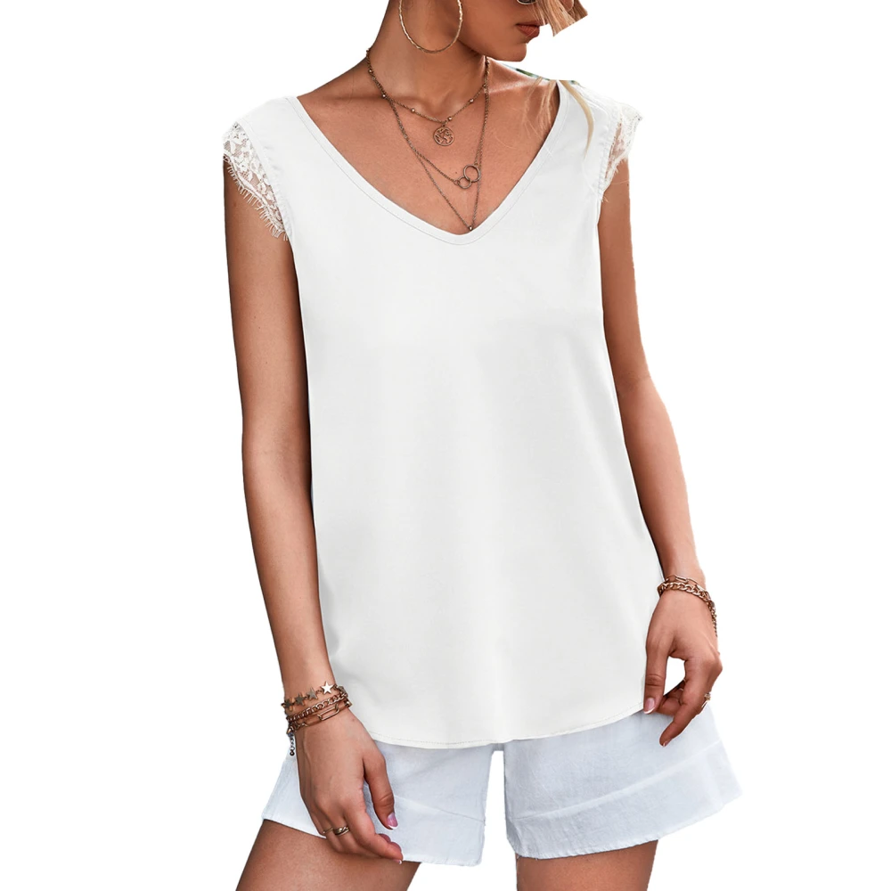 Women Pullover Double V Neck Sleeveless Top Lace Splicing Pure Color Blouse Summer Loose Top White M