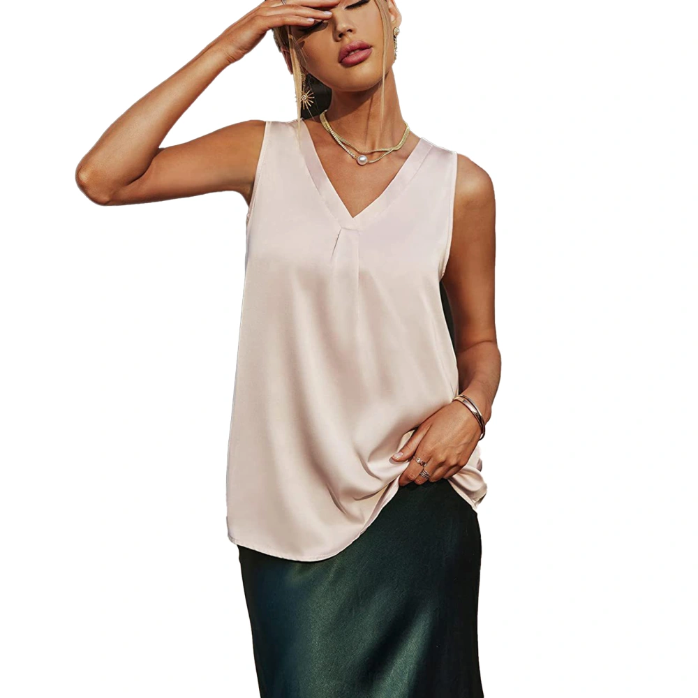 Women Satin Tank Top V Neck Loose Fitting Pure Color Summer Sleeveless Vest for Daily Wear Champagne S