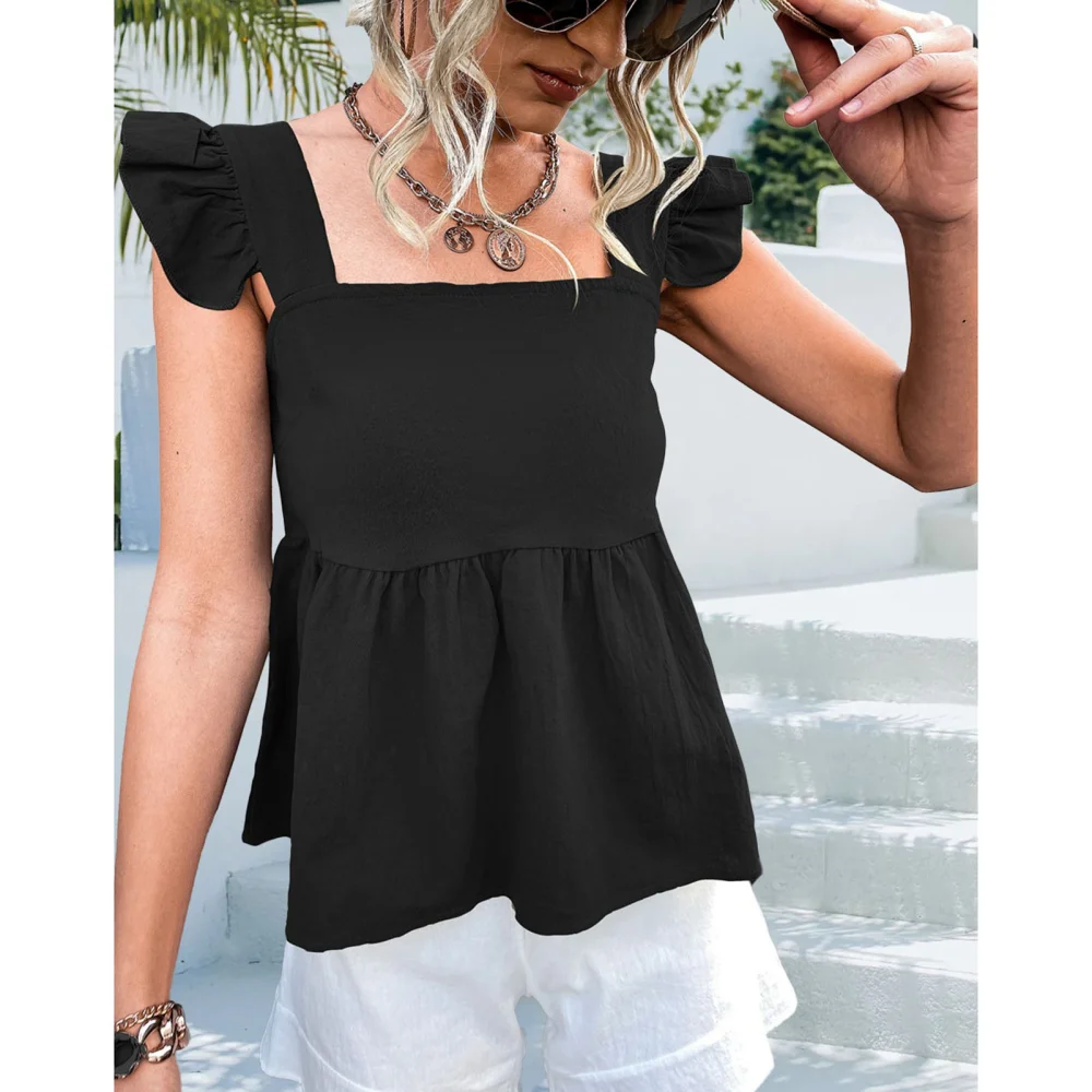 Women Sleeveless Top Ruffle Trim Shoulder Straps Loose Spliced Hem Summer Casual Backless Blouse Black S