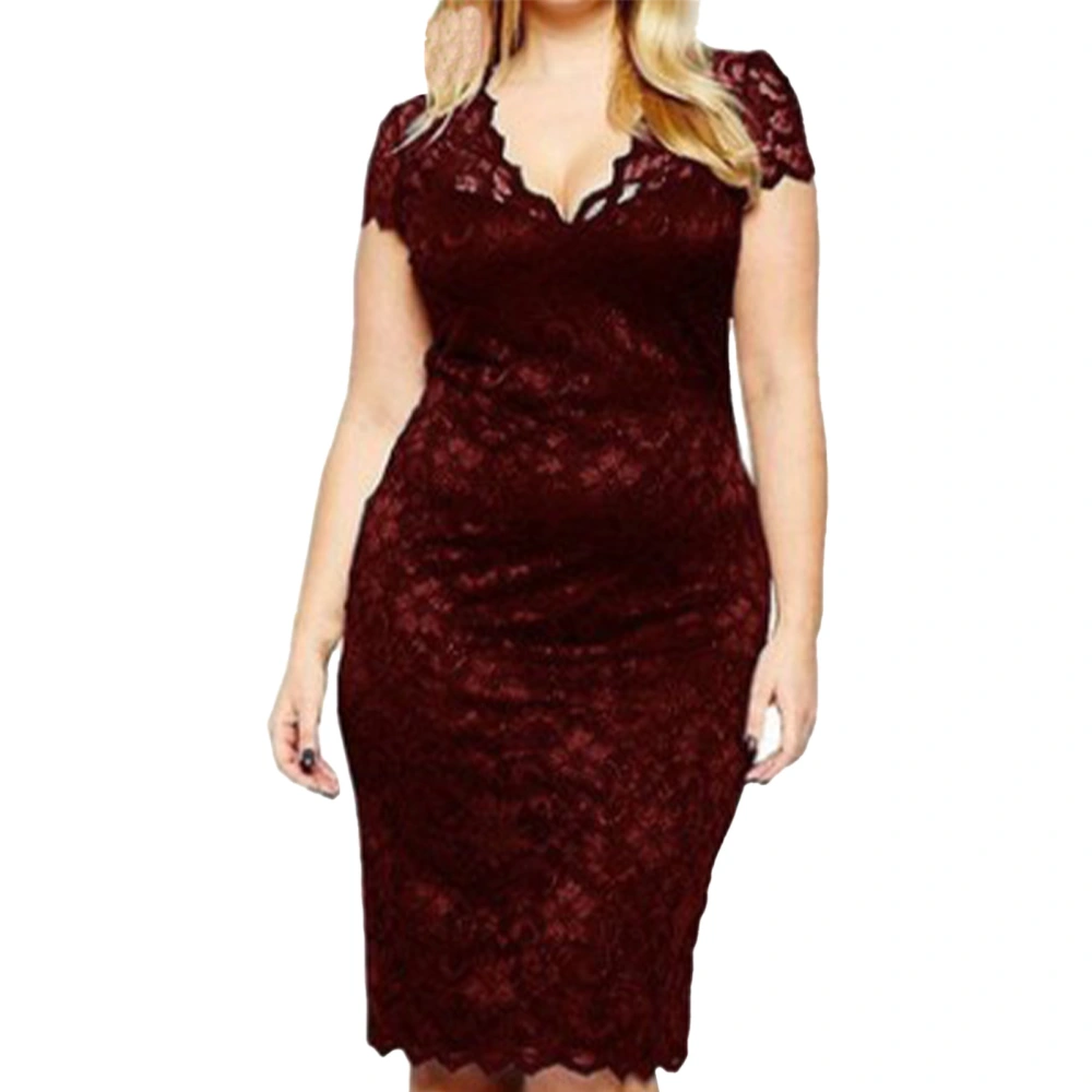 Women Short Sleeve Lace Dress V Neck Slim Fit Spring Summer Lace Dress for Party Dating Wine Red XXL