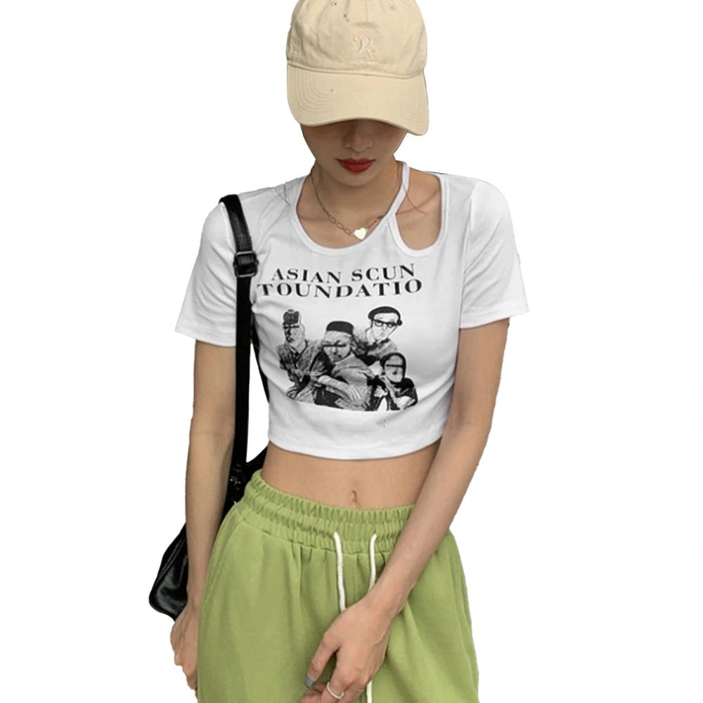 Women Crop Top Retro Cut Out Comfortable Short Sleeve Summer T Shirt for Daily Casual Shopping White M