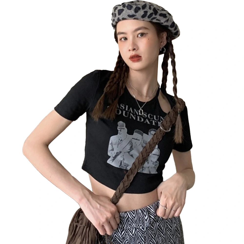 Women Crop Top Retro Cut Out Comfortable Short Sleeve Summer T Shirt for Daily Casual Shopping Black L