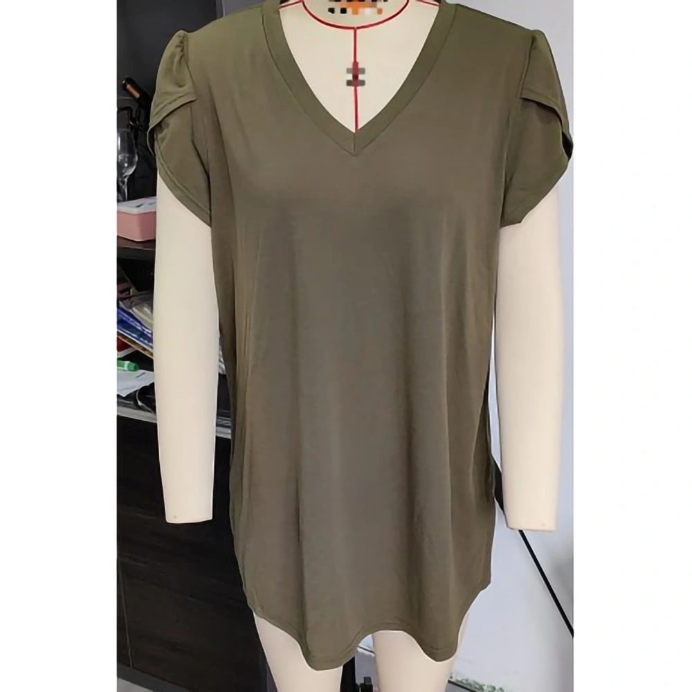 Women Oversized Petal Sleeve Top Loose Casual Elegant Short Sleeve V Neck Shirt Blouse for Office Work OD Green 3XL