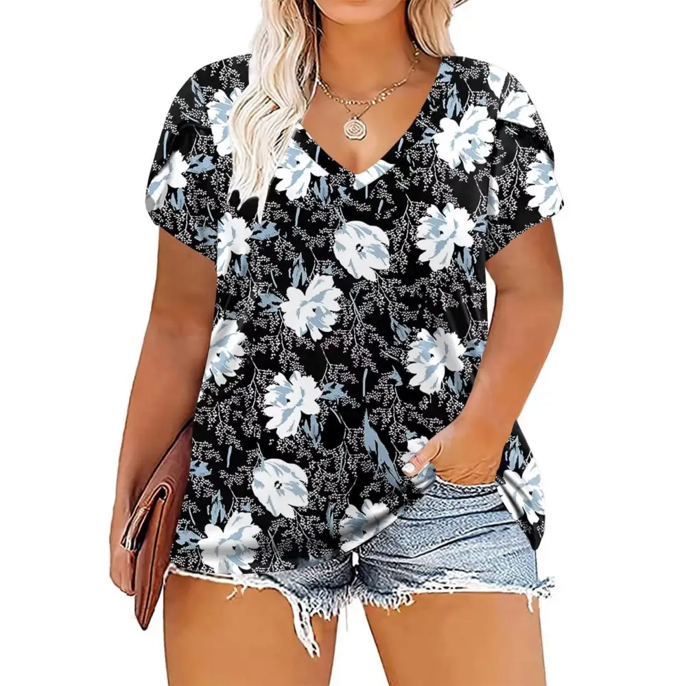 Women Oversized Petal Sleeve Top Loose Casual Elegant Short Sleeve V Neck Shirt Blouse for Office Work White Floral On Black Base 4XL