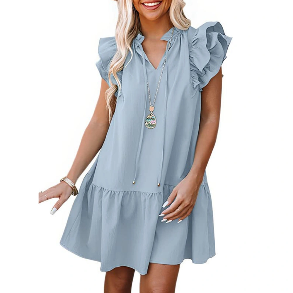 Women Summer Ruffle Cap Sleeve Dress V Neck Drawstring Pure Color Casual Tunic Dress Light Blue S