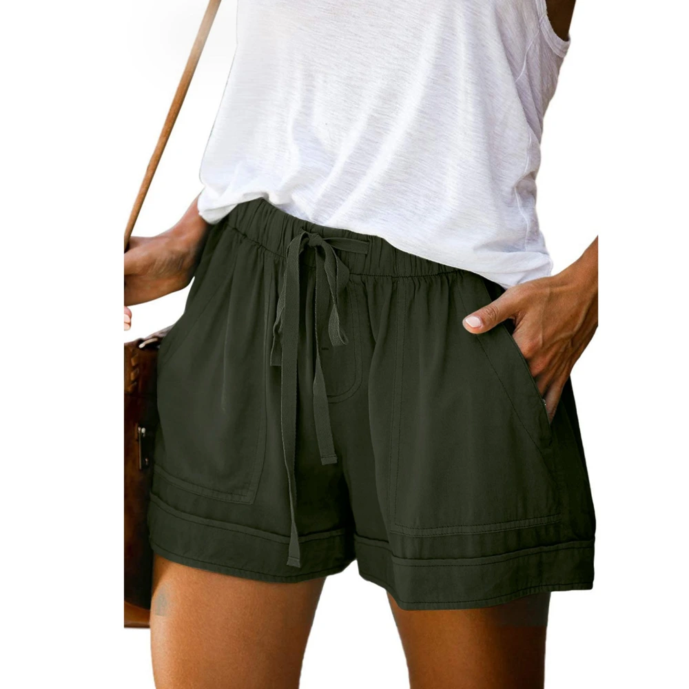 Women Casual Shorts Elastic Medium Waist Drawstring Closure Wide Legs Summer Shorts with Side Pockets OD Green 3XL