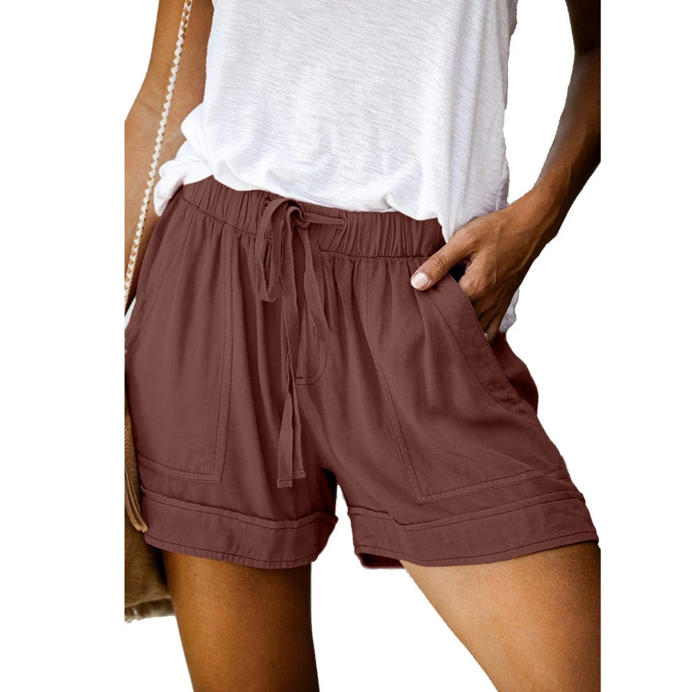 Women Casual Shorts Elastic Medium Waist Drawstring Closure Wide Legs Summer Shorts with Side Pockets Brownish Red 4XL