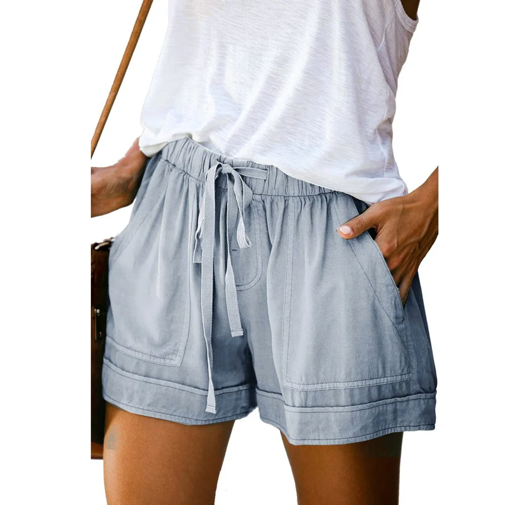 Women Casual Shorts Elastic Medium Waist Drawstring Closure Wide Legs Summer Shorts with Side Pockets Light Blue 3XL