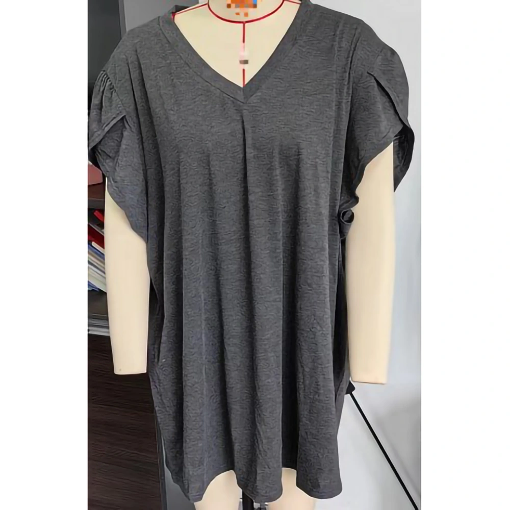 Women Oversized Petal Sleeve Top Loose Casual Elegant Short Sleeve V Neck Shirt Blouse for Office Work Dark Grey 3XL