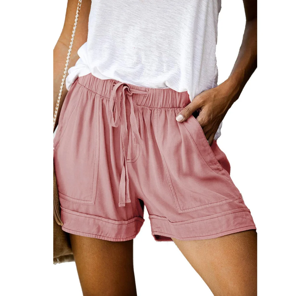 Women Casual Shorts Elastic Medium Waist Drawstring Closure Wide Legs Summer Shorts with Side Pockets Pink 5XL