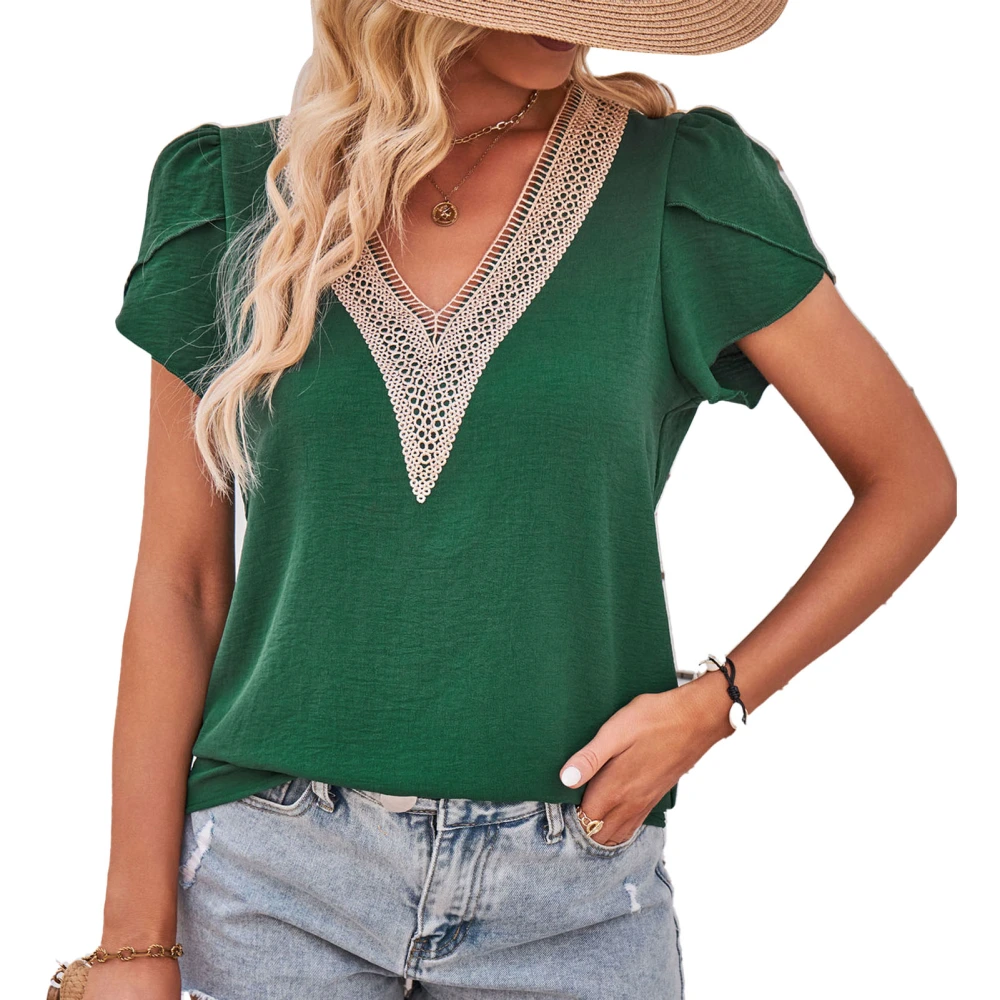 Color Block Guipure Lace Blouse V Neck Petal Short Sleeve Casual Fitted Lace Trim Blouse for Women Lady Dating Dark Green XL