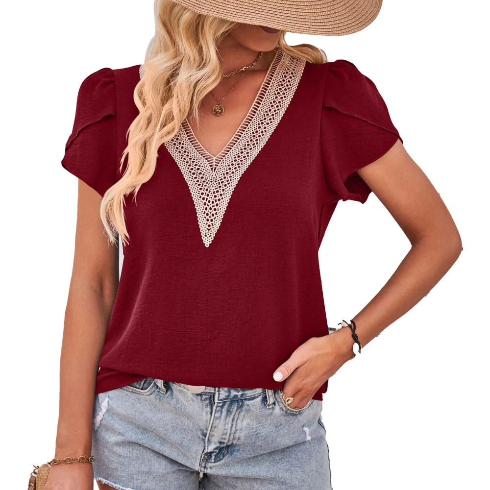 Color Block Guipure Lace Blouse V Neck Petal Short Sleeve Casual Fitted Lace Trim Blouse for Women Lady Dating Burgundy XXL