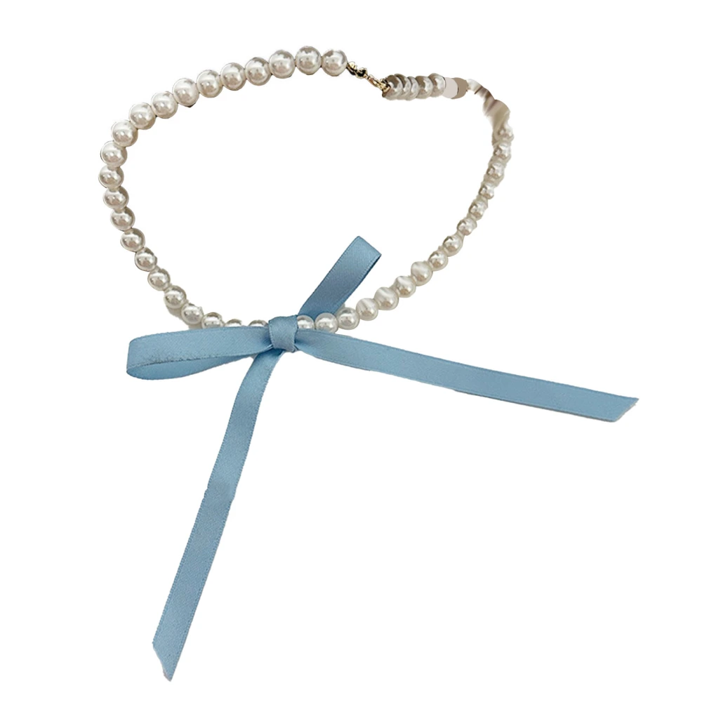 Pearl Choker Women Elegant Pearl Beaded Choker With Long Blue Ribbon Bow for Girls Ladies