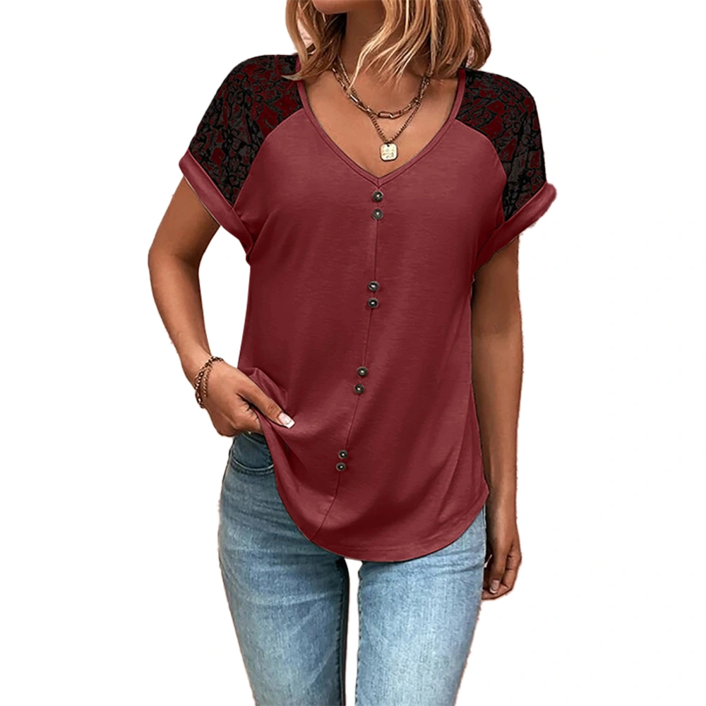 Women Summer Top Casual Loose Short Lace Sleeve V Neck Button Splicing T Shirt for Ladies Girls Wine Red XL