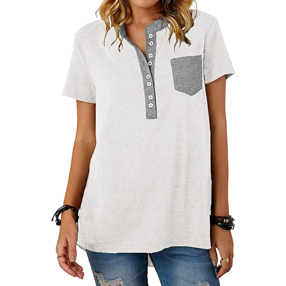 Women Short Sleeve Top Casual Fashionable Button Shirt Blouse with Patch Pocket for Office Work White XXL