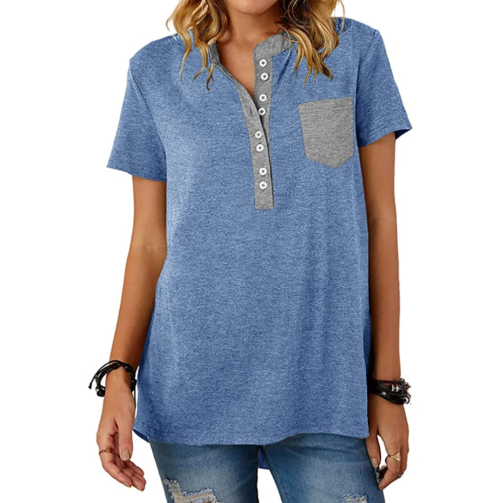 Women Short Sleeve Top Casual Fashionable Button Shirt Blouse with Patch Pocket for Office Work Blue S