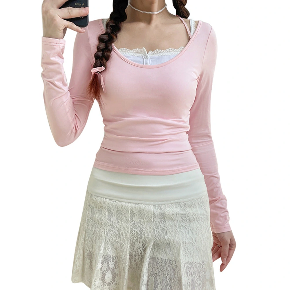 Women Off Shoulder Slim Fitting T Shirt Long Sleeve Tie Front Casual Stretchy Tee Top Pink S