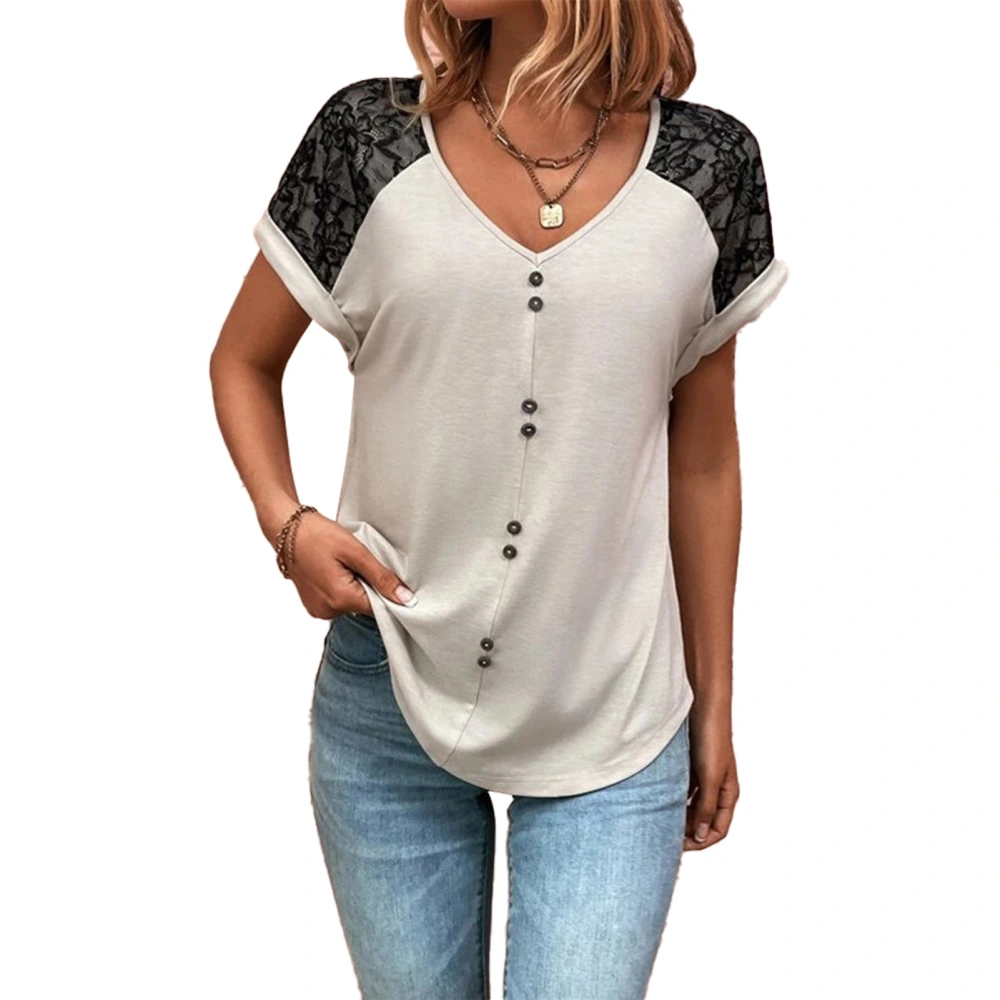 Women Summer Top Casual Loose Short Lace Sleeve V Neck Button Splicing T Shirt for Ladies Girls White L