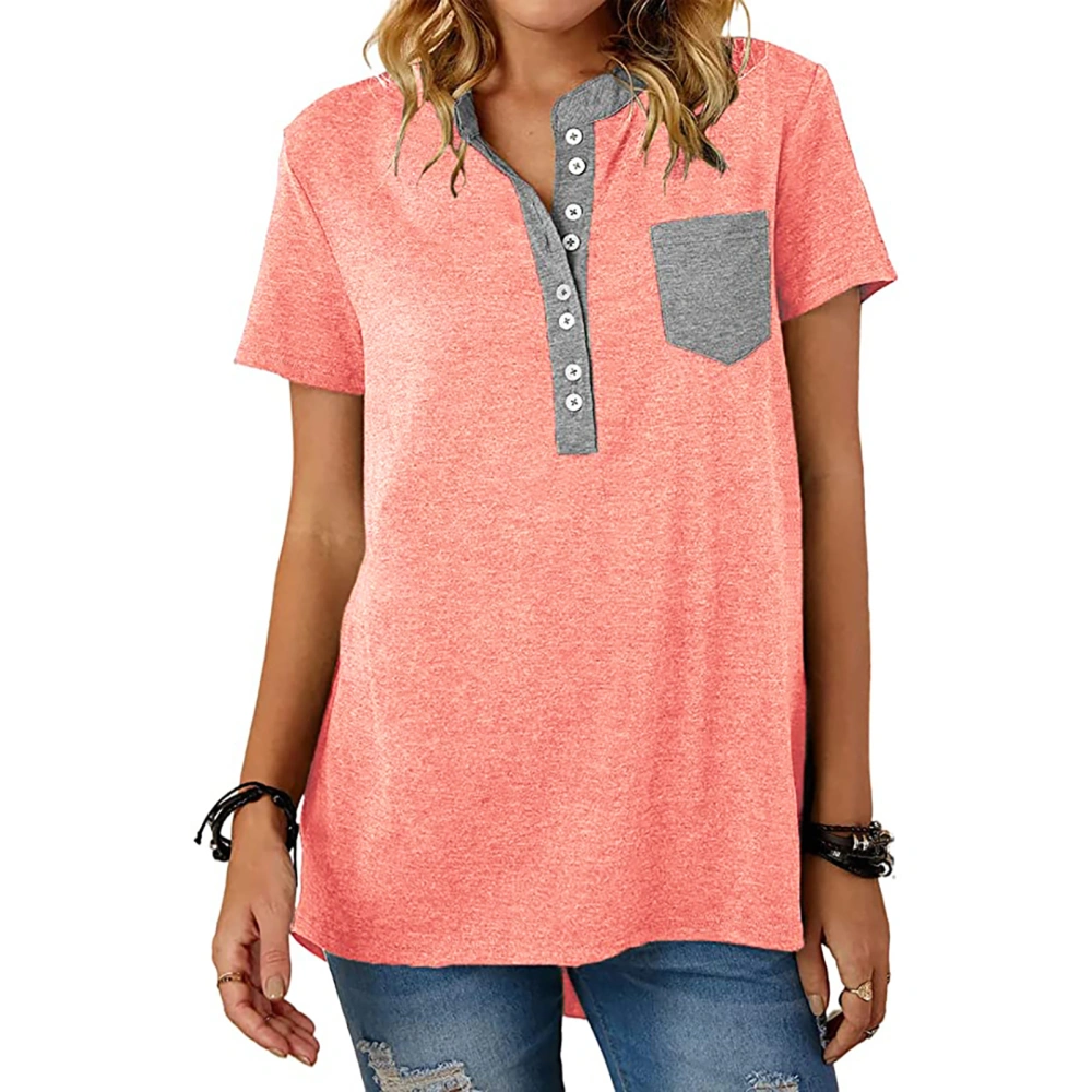 Women Short Sleeve Top Casual Fashionable Button Shirt Blouse with Patch Pocket for Office Work Pink XXL